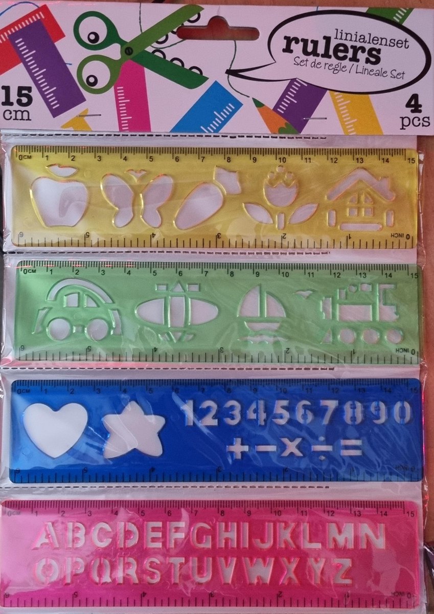 Linialenset met sjablonen | 15cm in 4 kleuren | Schoolspullen | Knutselen | Hobby